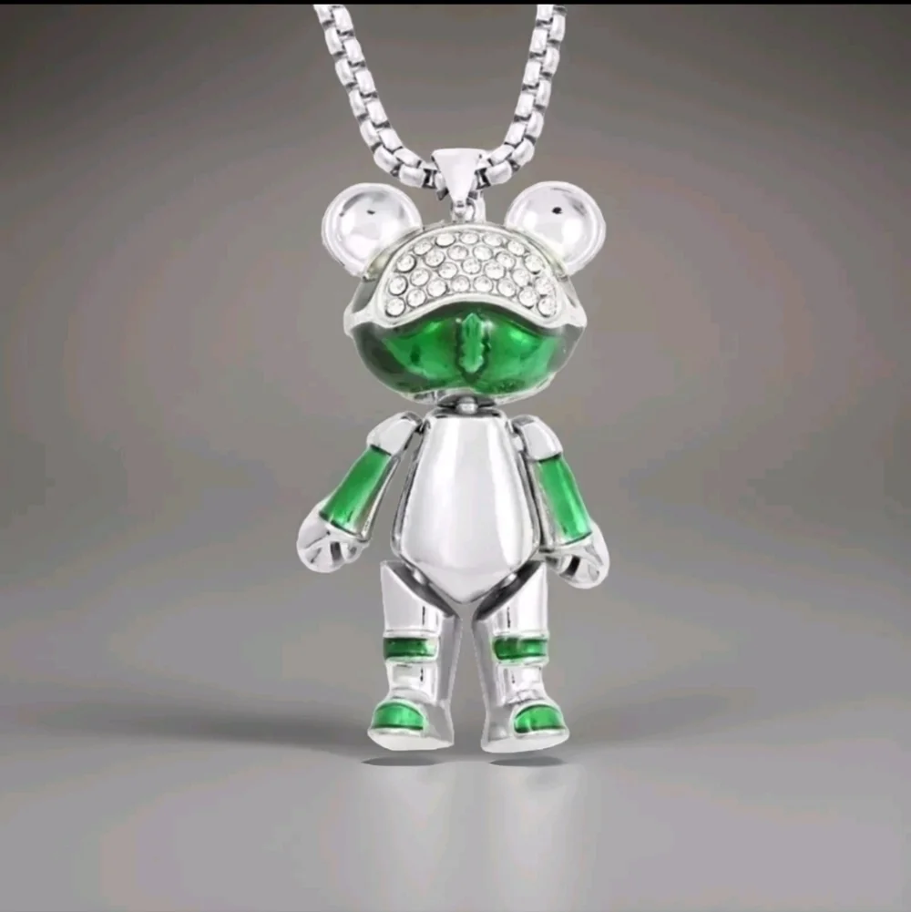 Green Enameled Astronaut Bear Stainless Steel Necklace